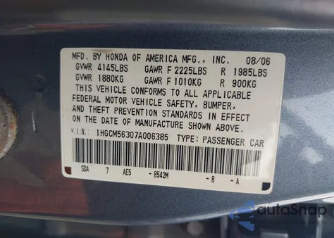 2007 Honda Accord 2.4 Se из США, поврежденный, VIN 1HGCM56307A006385